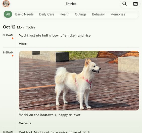 The Entries timeline on iPad: a meal at 9:15 AM and a photo of Mochi on a boardwalk at 8:55 AM, with category filters above.